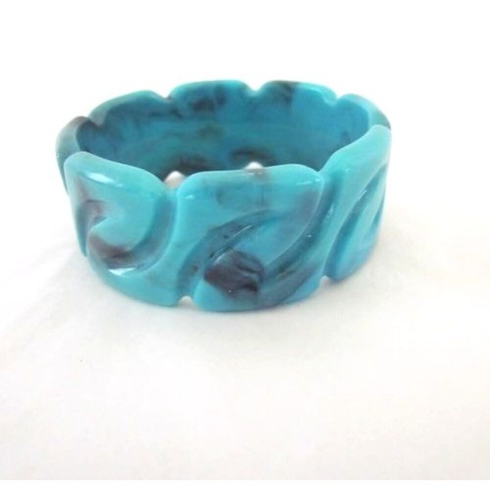 Vintage Marbled Acrylic Aqua Bangle Bracelet Blue Carved MOD